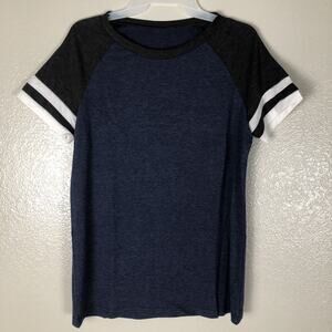 Women's Summer Loose Fit Tunic neck T-Shirt Short Sleeve Casual Tops Navy Small